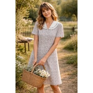 Vintage Womens Floral Zip Front Dress Peter Pan Collar Short Sleeve Cottagecore